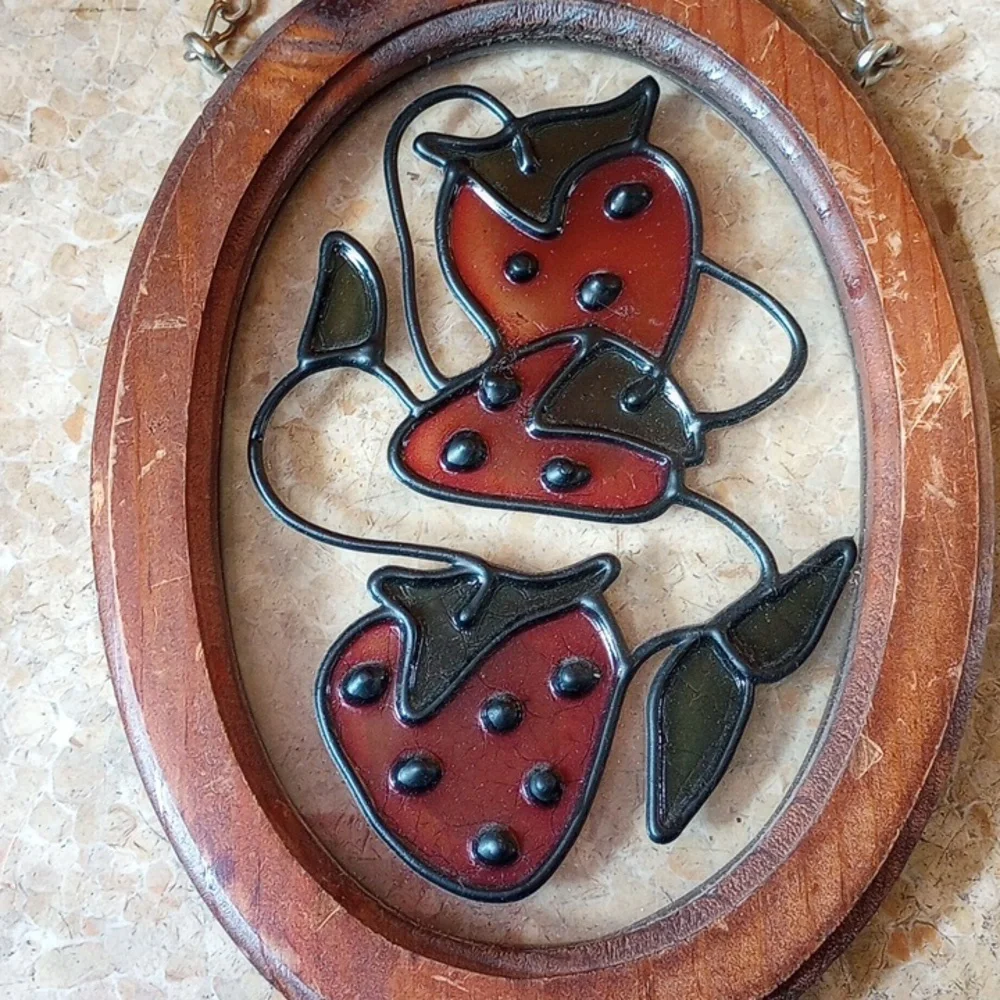 Vintage Stained Glass Strawberry Art Decor. Red Green Brown - Picture 3 of 6